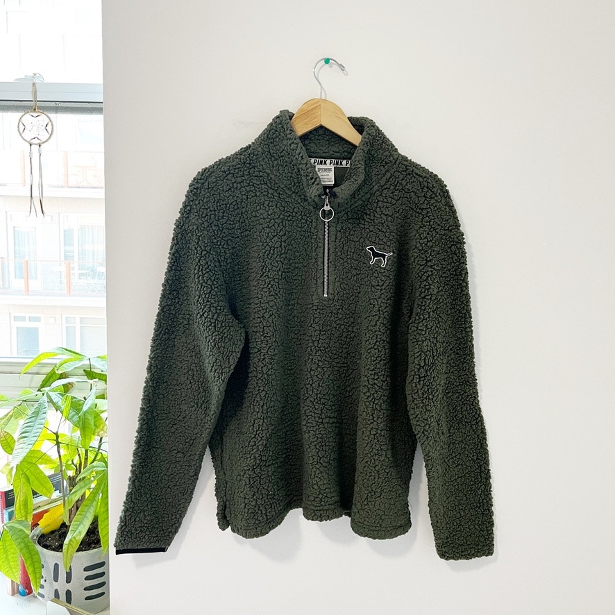 Victoria's Secret PINK Green Fuzzy Sherpa Sweatshirt Size Large