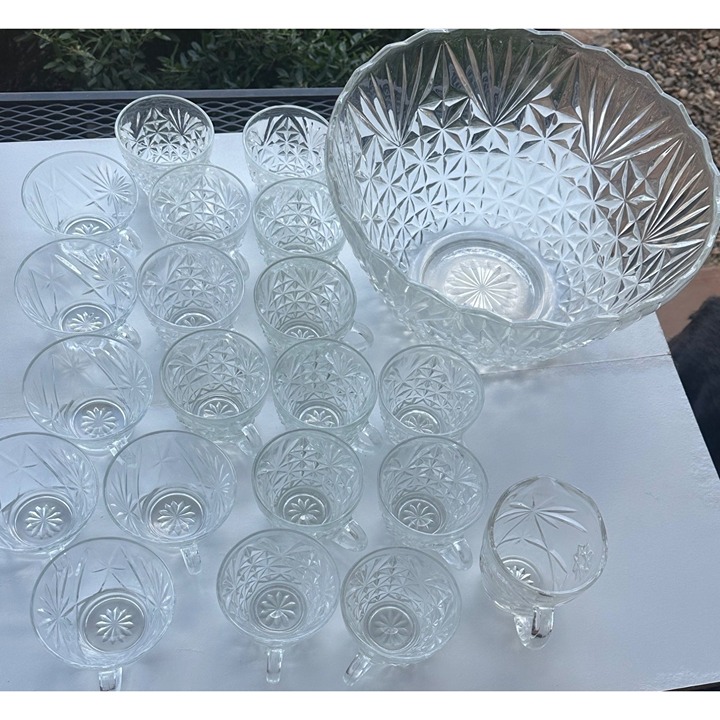 24-pc. Set VINTAGE Punch Bowl Set w/Drinking Glasses and Glass Creamer