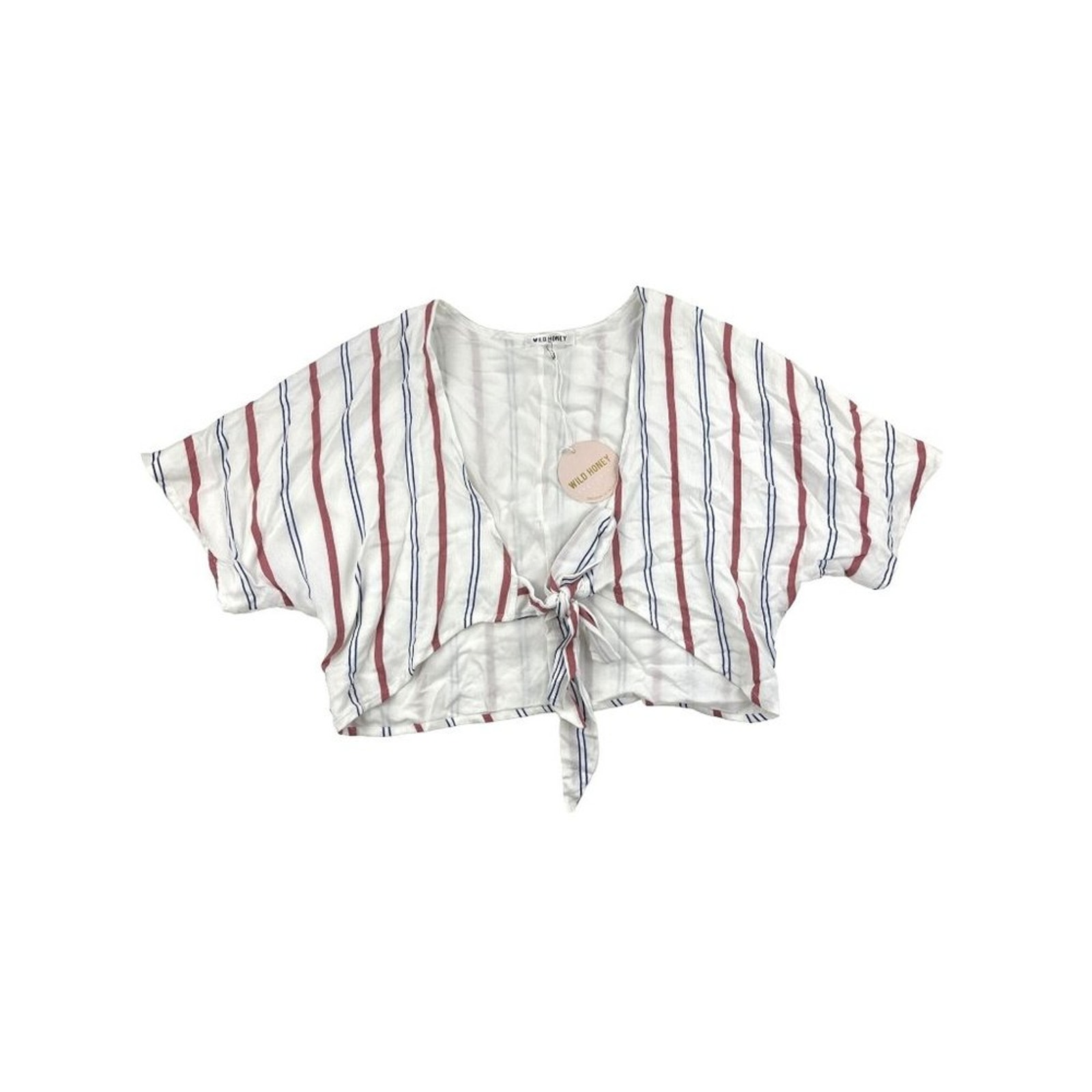 Wild Honey - Striped Tie Front Crop Top in White Red & Blue