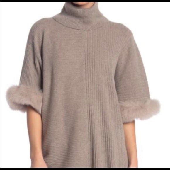 SOFIA CASHMERE TURTLENECK SWEATER PONCHO FOX FUR TRIM
