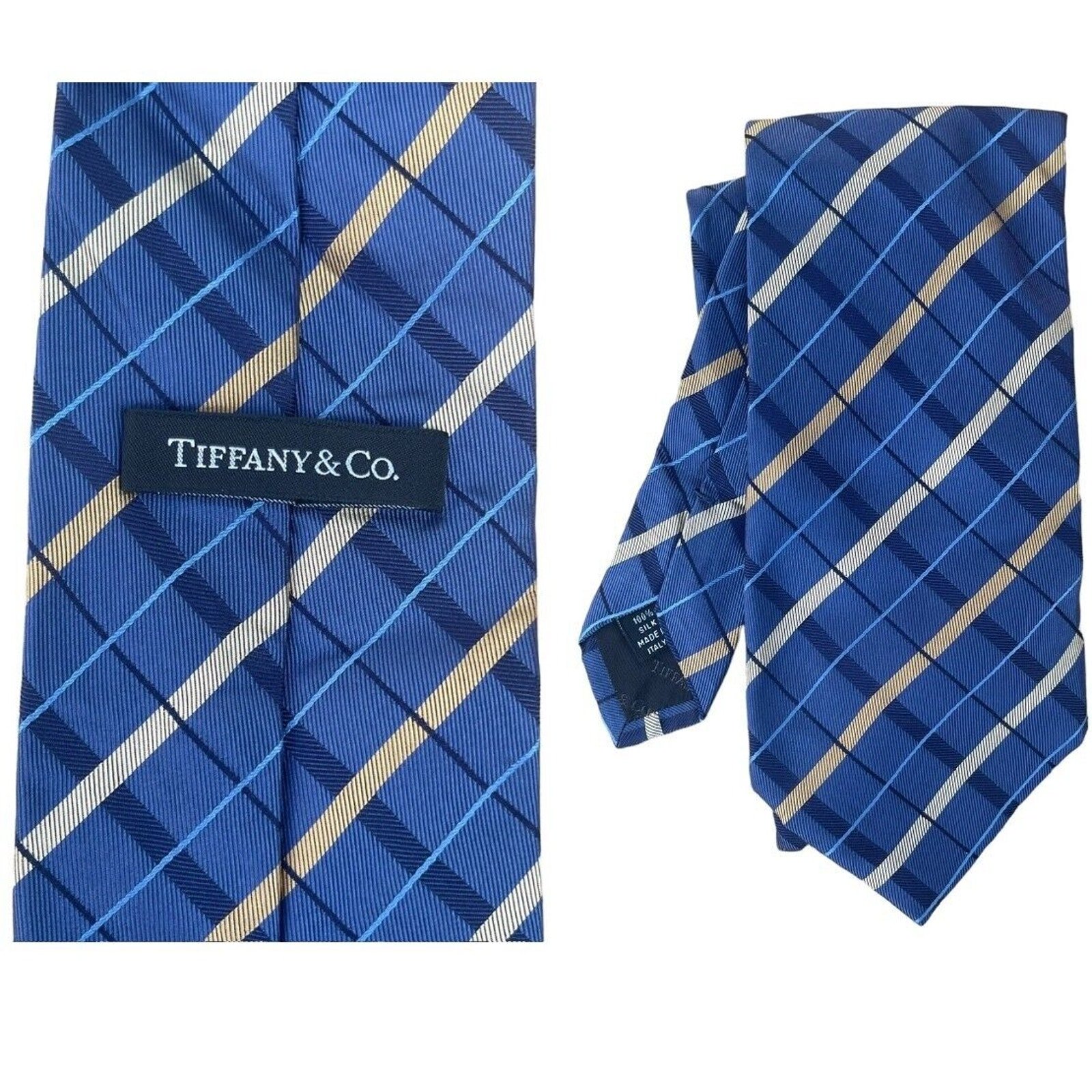 TIFFANY & CO. Men's 100% Silk Necktie ITALY Luxury Designer Blue Gold