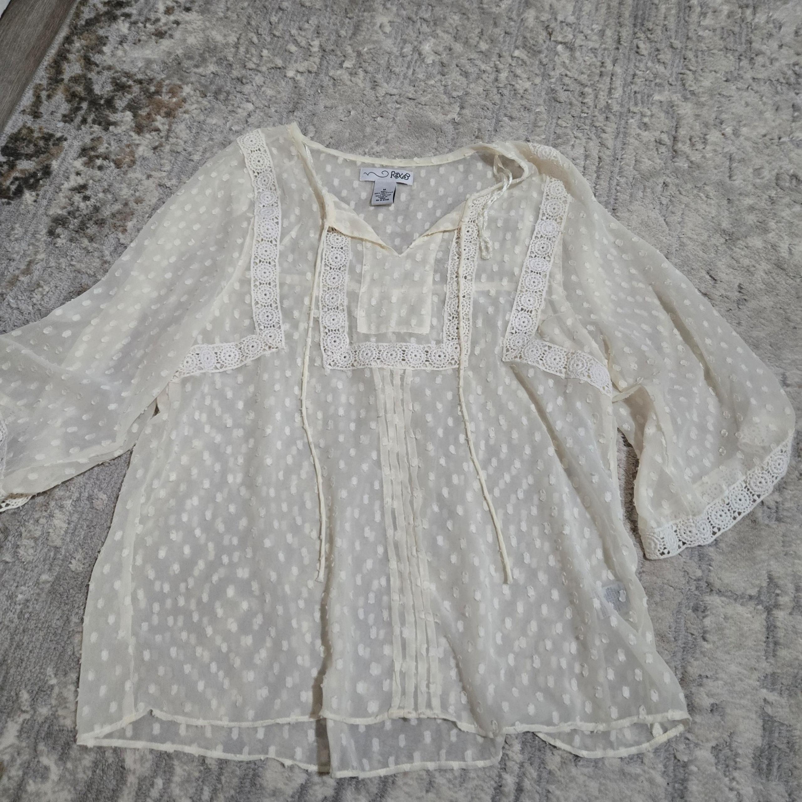 RXB Cream Sheer Lace Trim Swiss Dot Chiffon Blouse 3/4 Sleeve Boho Top Sz M
