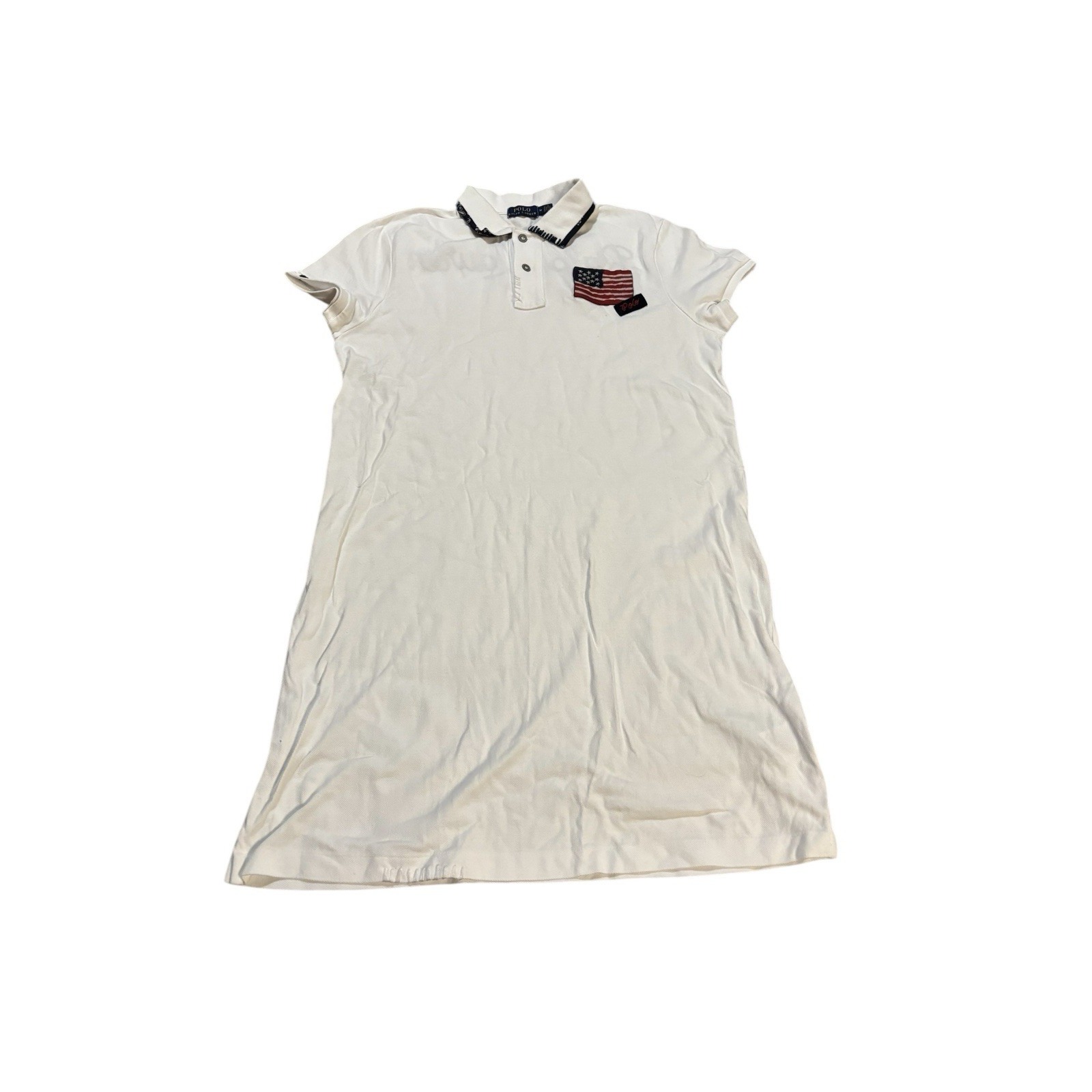 Polo Ralph Lauren Pique Polo Shirt Dress American Flag Patch White Women's M