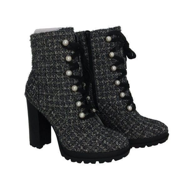 Just Fab Shandee Womens NEW w/Box Pearl Gray Tweed Boots w/3.5 Heels - sz. 6 1/2