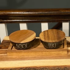 RAE DUNN BOO & EEK salt & pepper CONTAINERS WITH WOODEN LID AND TRAY