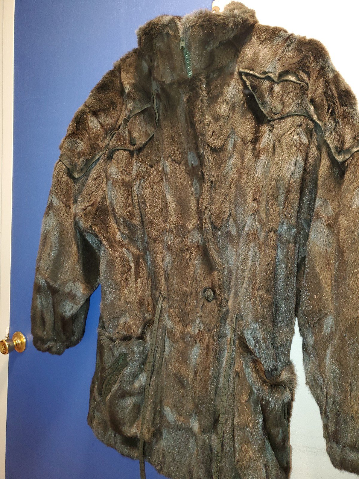 Teal Dark Green Mink Fur Coat with Leather Accents