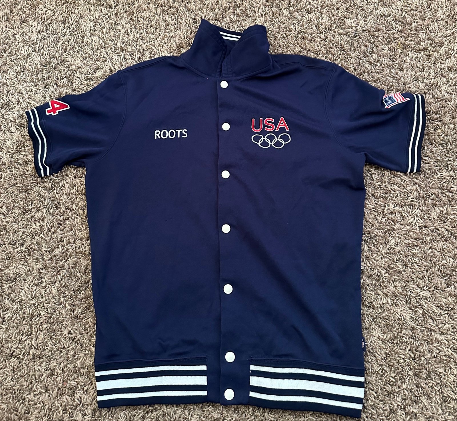 Vtg 2004 Roots USA Olympic Snap Short Sleeve Warm Up Jacket Navy Size Small
