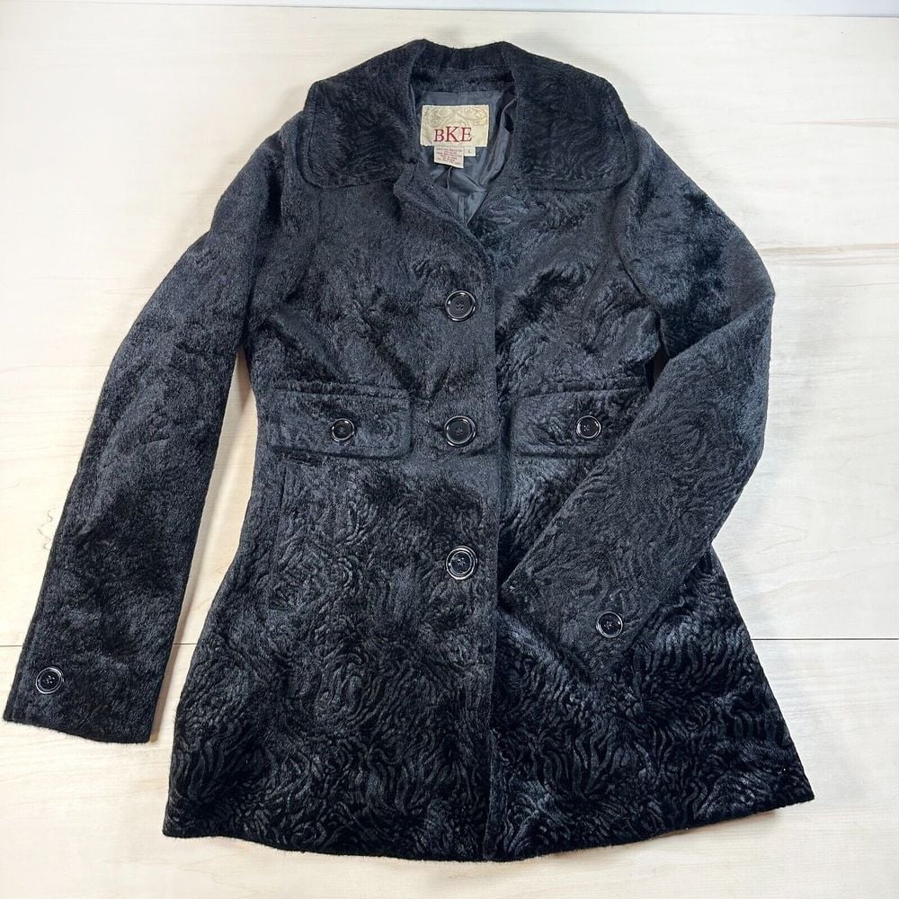 BKE Buckle Faux Fur Cow Hair Western Jacket Coat Women's L Black