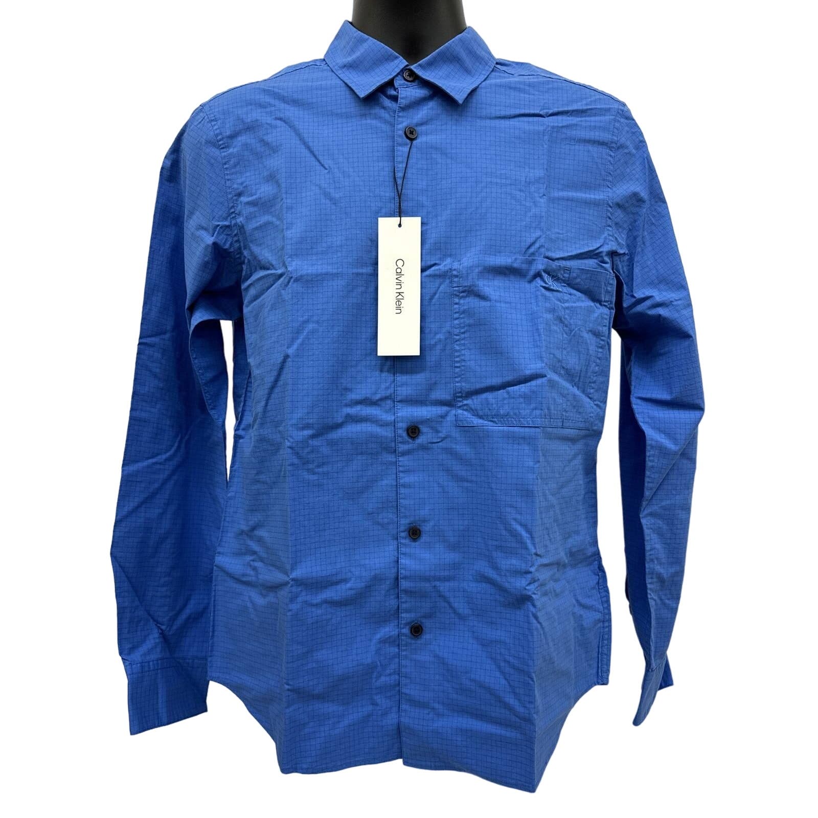 NWT Mens Sz S Calvin Klein Long Sleeve Palace Blue/Black Check Button Down Shirt