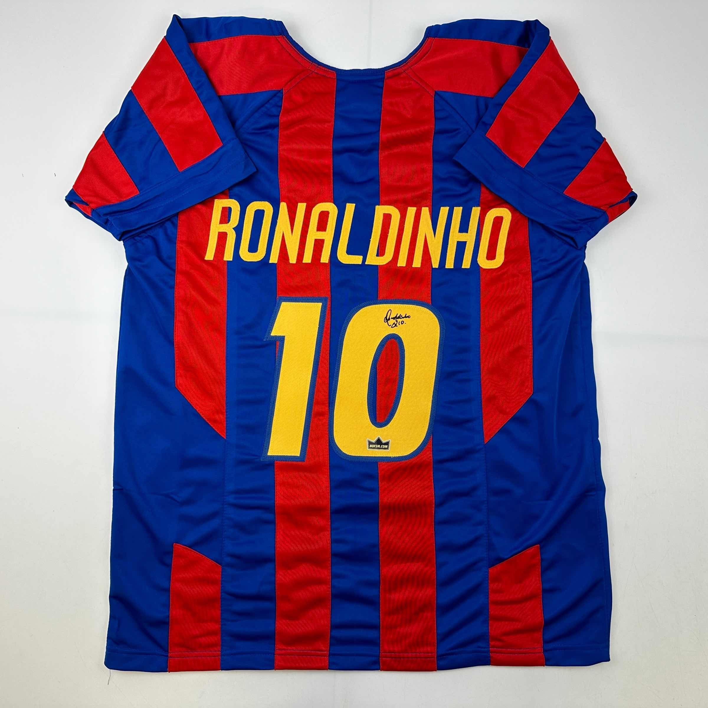 Facsimile Autographed Ronaldinho FC Baelona Blue/Red Auto Soccer Jersey Size M