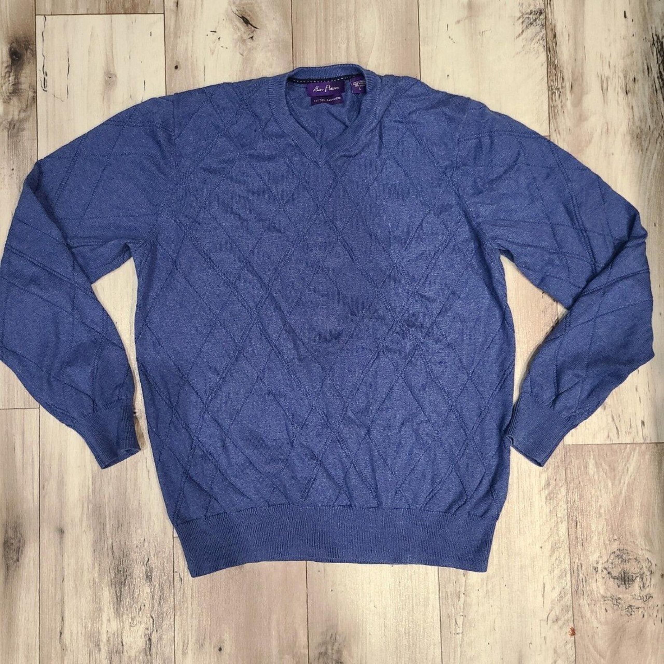 Alan Flusser Sweater Men Size L Blue Cotton Cashmere V-Neck
