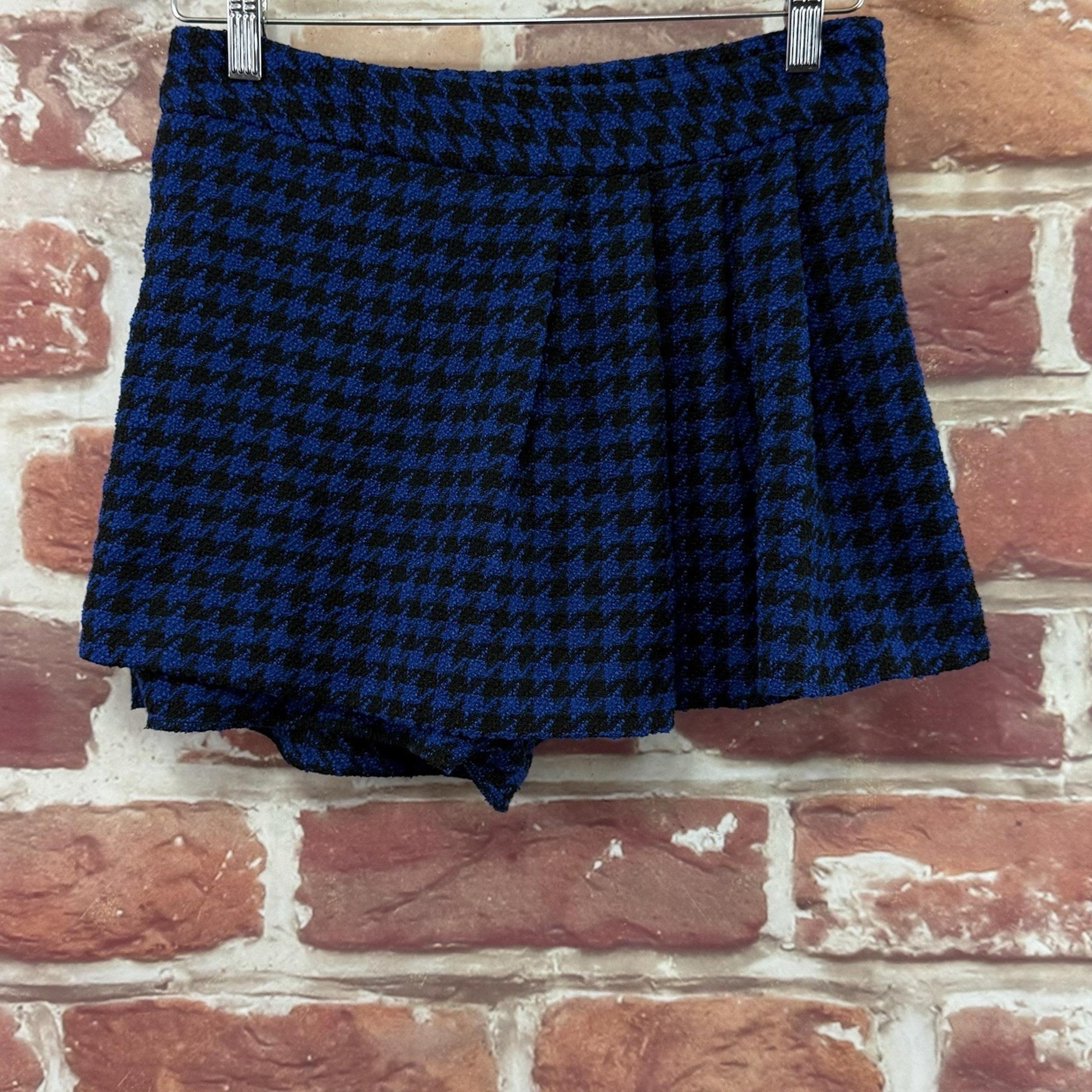 Zara Skort Shorts Skirt Womens XS Blue Black Houndstooth Tweed Asymmetric Leg