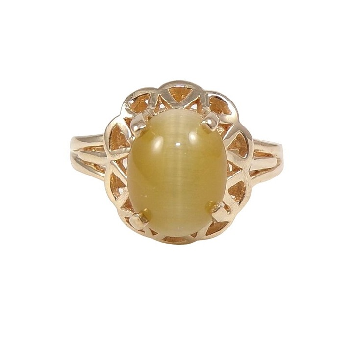 Solid 10k Yellow Gold Yellow Tiger's Eye Filigree Halo Ring Size 6.25