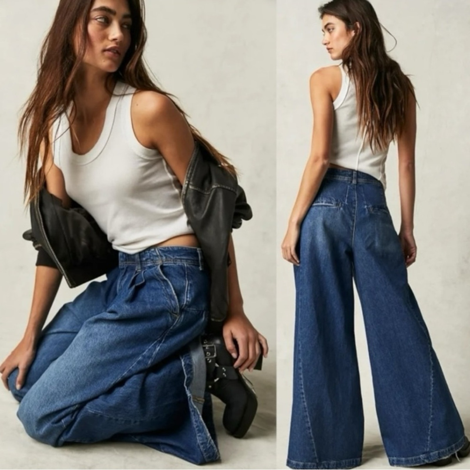 Free People Equinox Denim Trousers Lake Life Blue 28 Wide Leg Jeans Slouchy