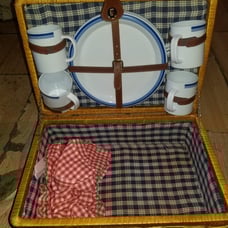 Vintage picnic basket with dishes