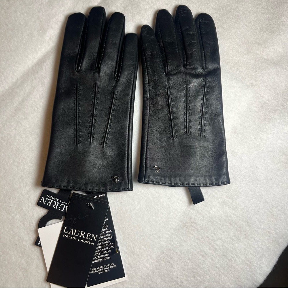 NWT Women's M Ralph Lauren Black Leather Gloves