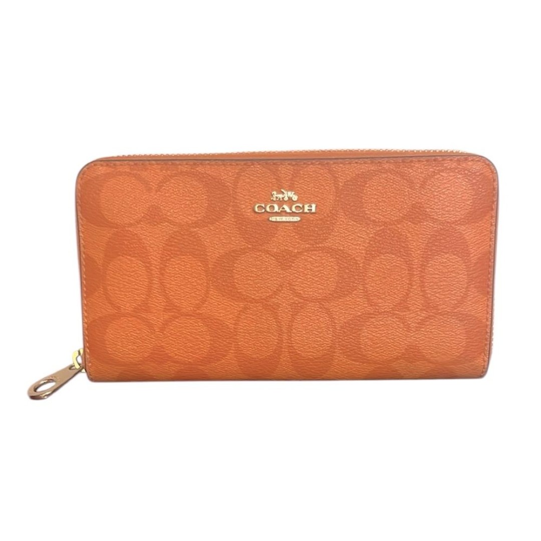 Coach All Over Signature Logo Orange Long Zip Around Canvas Wallet Gold Hardware