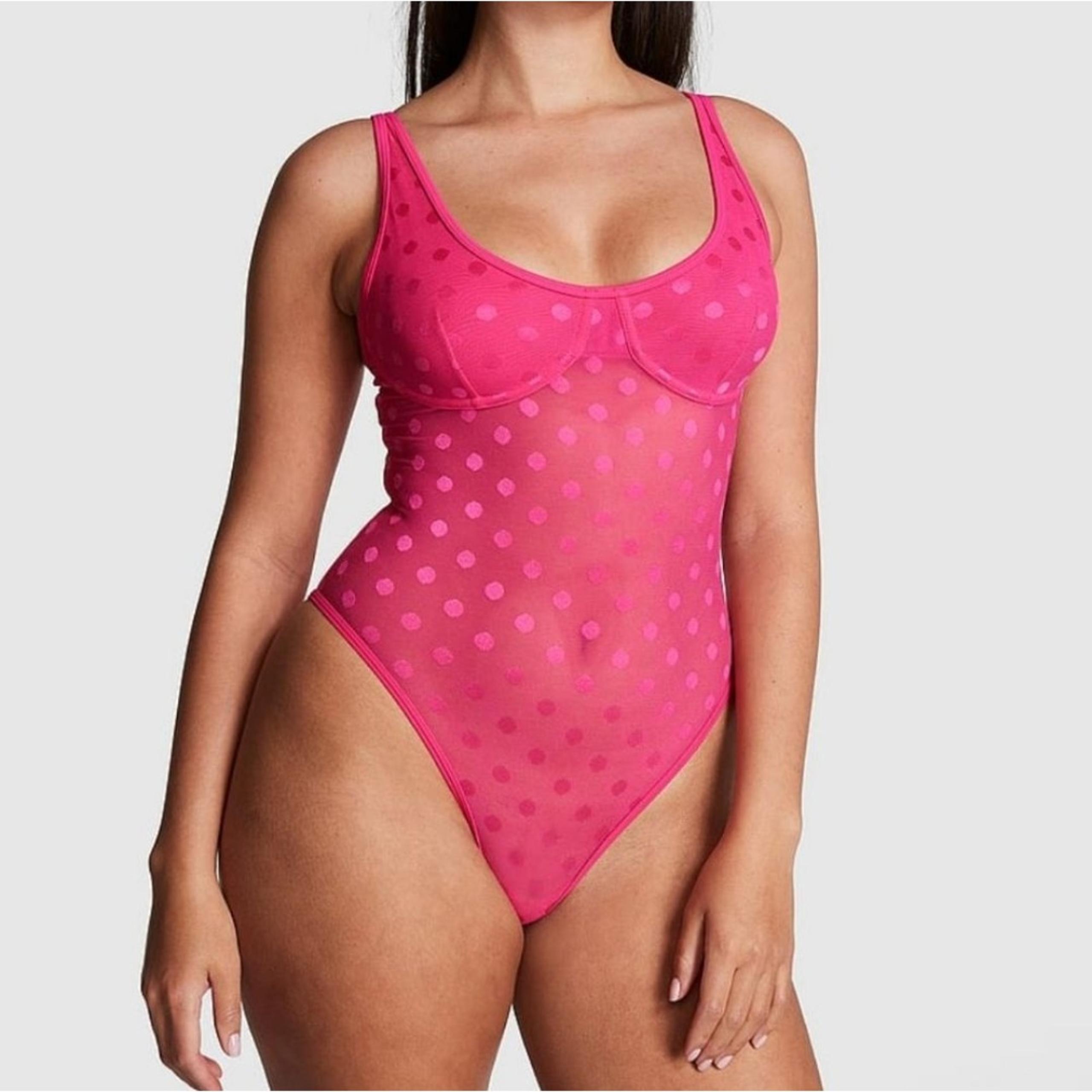 PINK Victoria's Secret Womens Polka Dots Mesh Sheer Bodysuit Size. Large NEW.