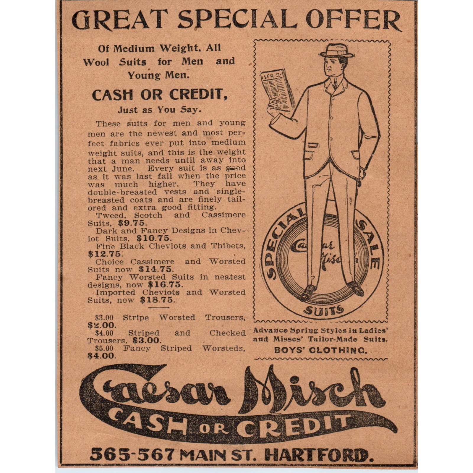 Caesar Mich Wool Suits Main St Hartford 1901 Newspaper Ad AD8-H2