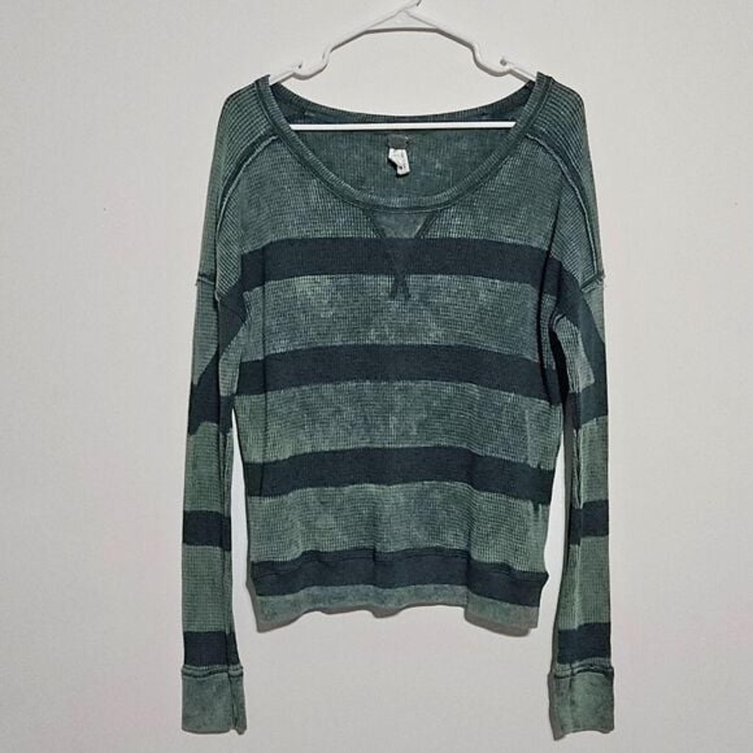 We The Free People Sweater Sz S Pullover Top Thermal Waffle Knit Green Striped