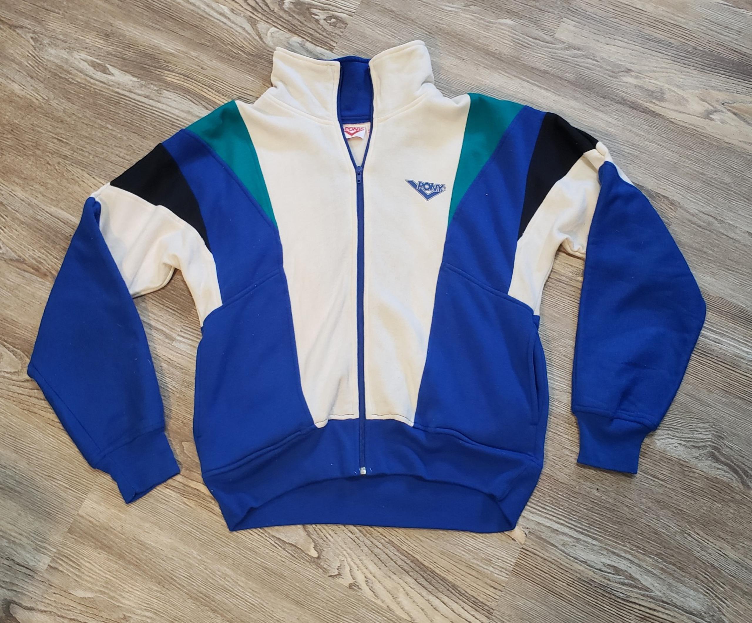 Pony Vintage Mens M Full Zip Jersey Knit Jacket White Green Blue Black Collared