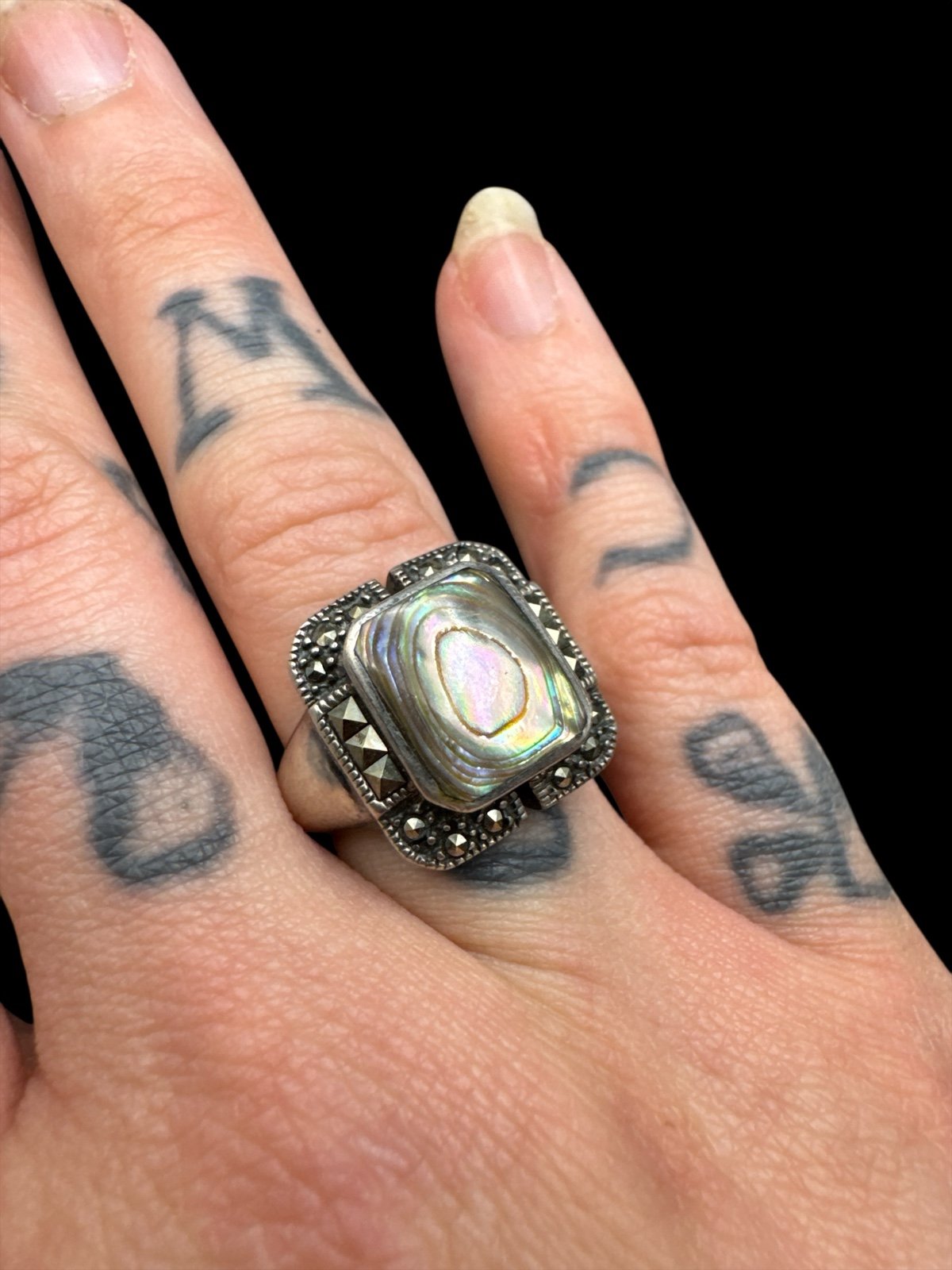Vintage Sterling Silver Marcasite Abalone Ring size 7.75