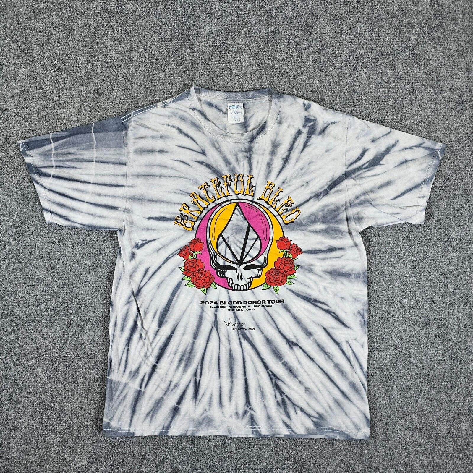 Grateful Dead 2024 Blood Donor Tour Tie Dye Graphic Shirt Gray Men's Size Large
