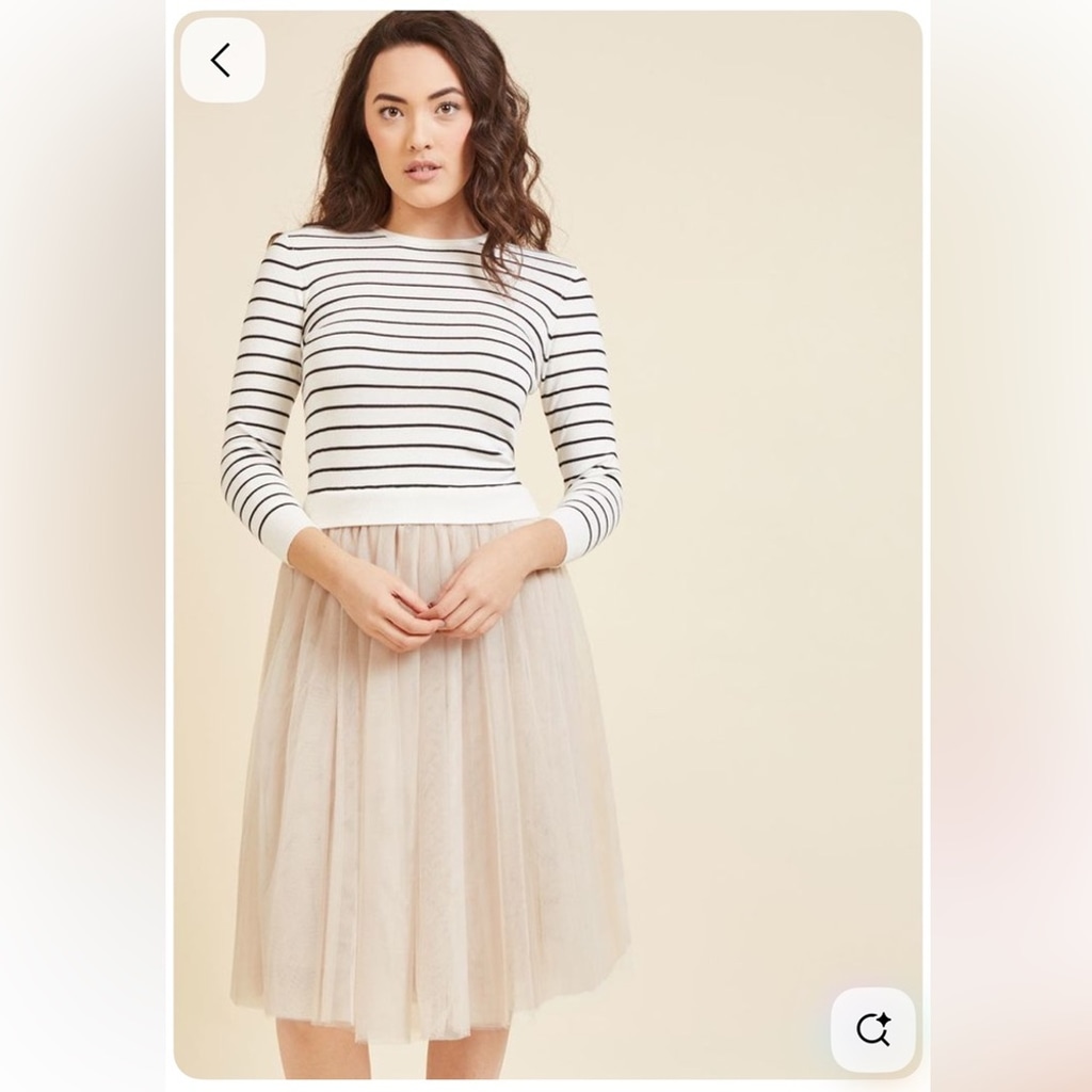 English Factory Tan Tull Pleated Dress with Stripe Sweater Top black white tan