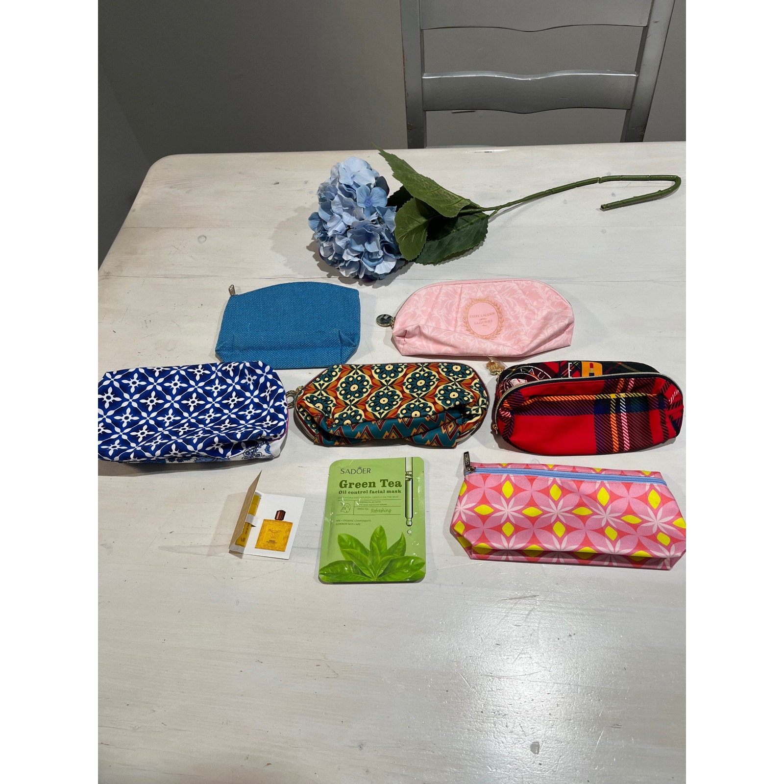 6 Cosmetic Bag Bundle Makeup Travel Accessories plus Versace Sample and Mask