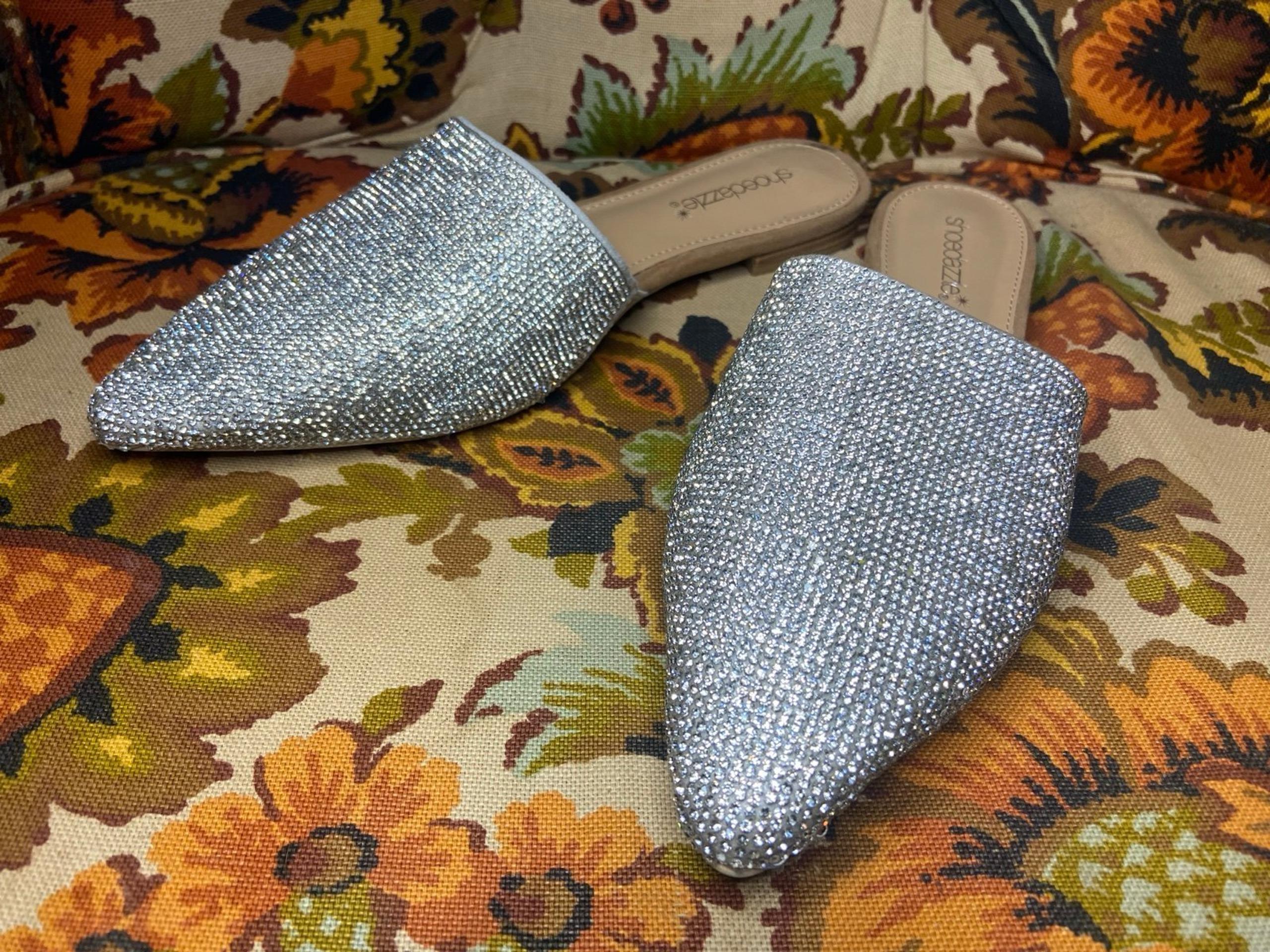 Shoedazzle Silver Sparkle Disco Diamond Slides Flats Slip-on Shoe Sz 7.5