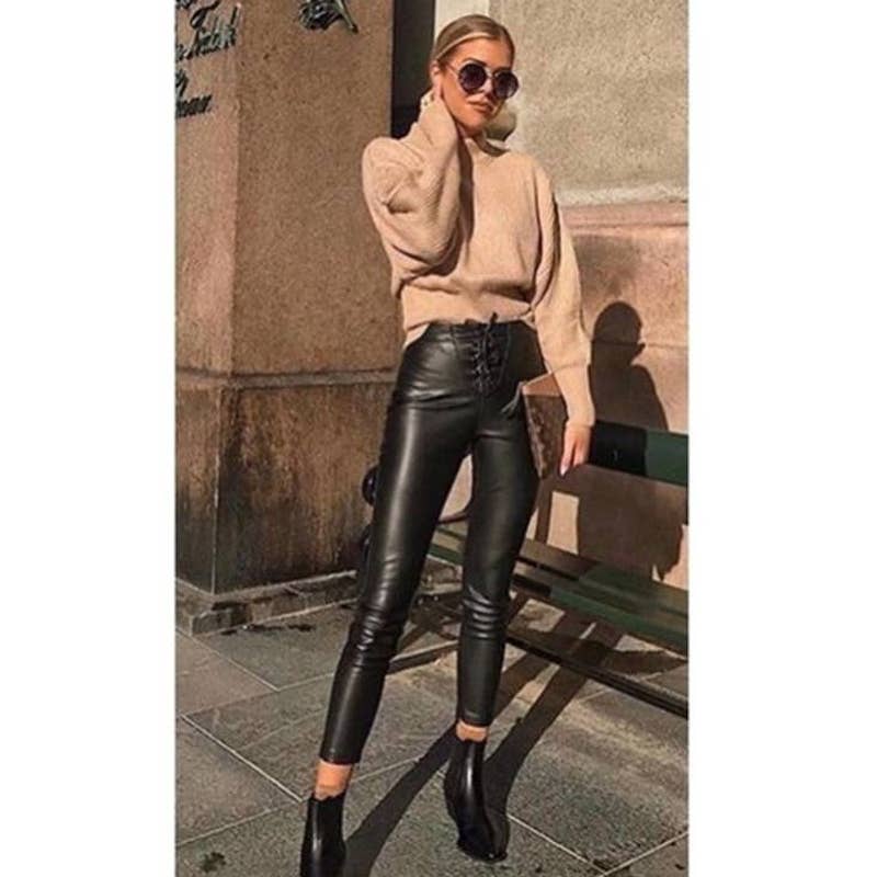 ZARA High Rise Lace Up Skinny Faux Leather Pants Legging Black