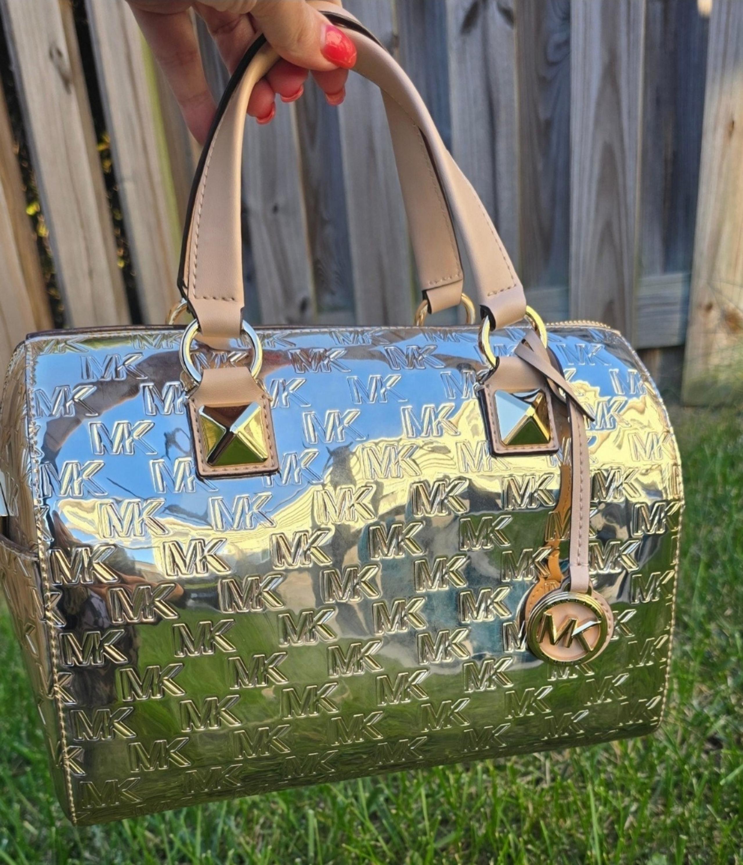 NWOT Michael Kors MK Grayson Medium Logo Embossed Metallic Gold Bag