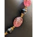 Antique Carved Strawberry Quartz Black Bi-Cone Brass Bead & Hook Clasp Necklace