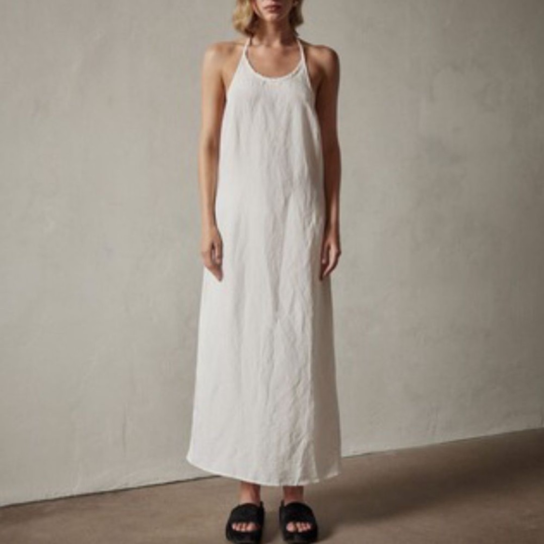 James Perse Women Zuma Linen Blend Halter Neck Dress Size 3 US L Beach Open Back