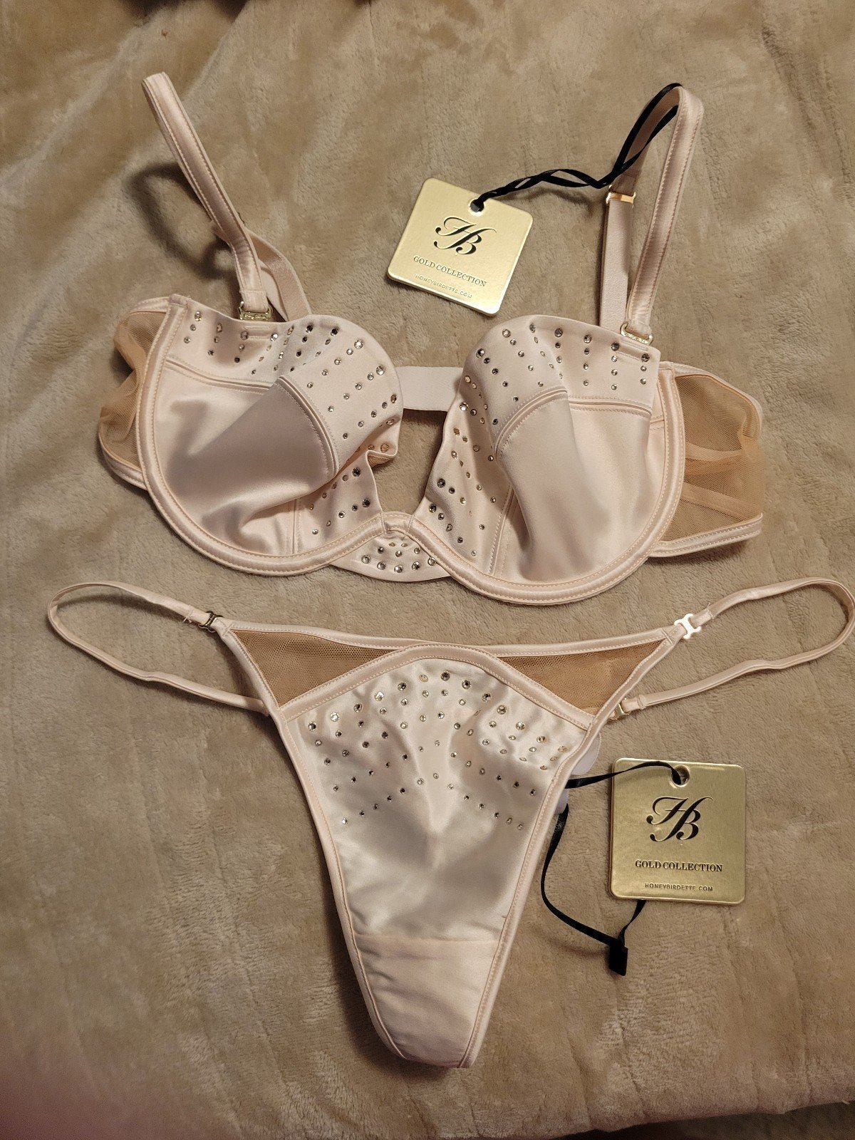 Honey birdette bra thong Crystal gold edition l 32ddd 32f beige rhinestone nwt