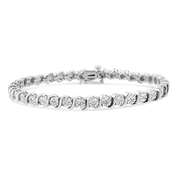 .925 Sterling Silver Diamond Round Miracle Plate and S Link Tennis Bracelet