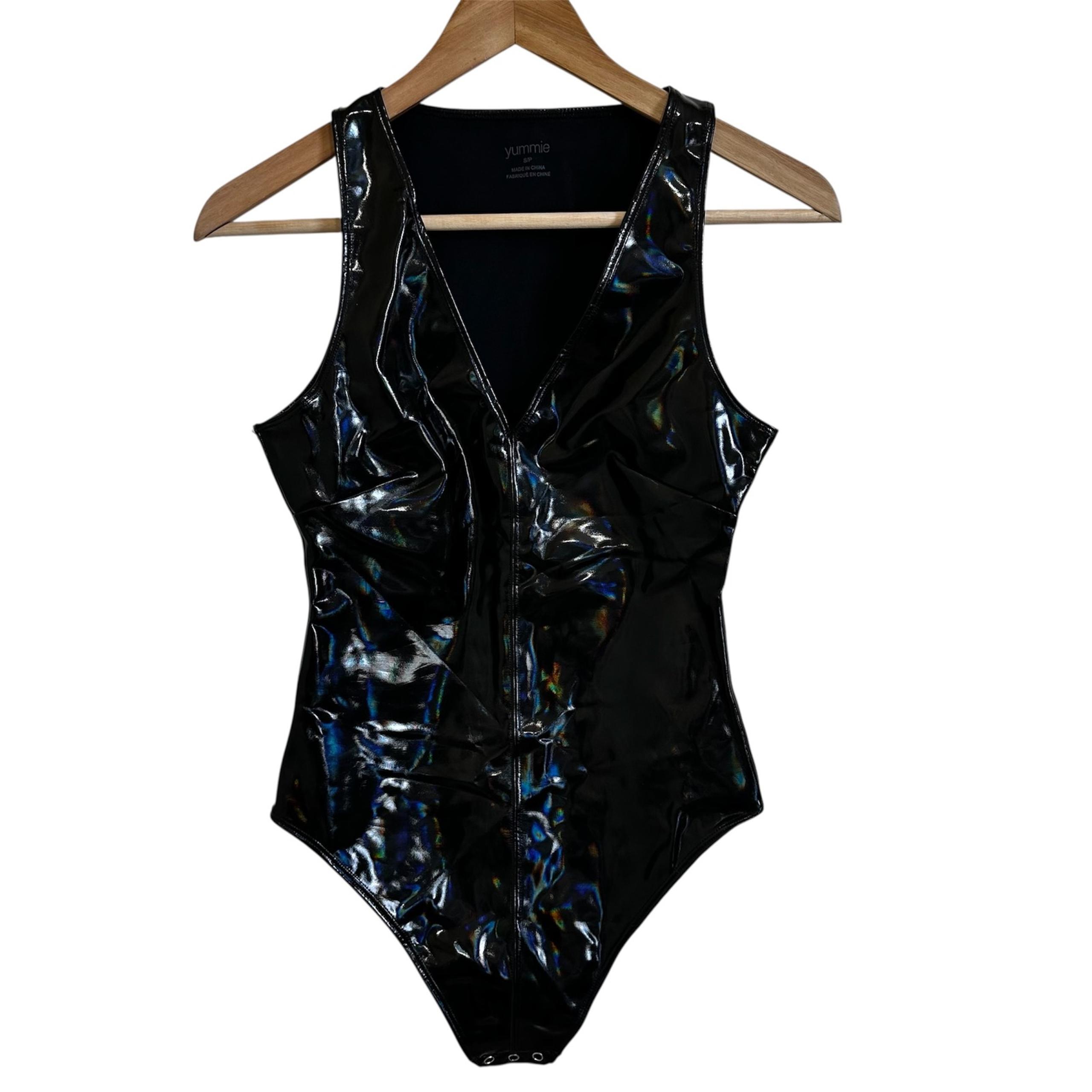 Yummie Ramona Bodysuit V-Neck Sleeveless Shiny Black Bodysuit Small