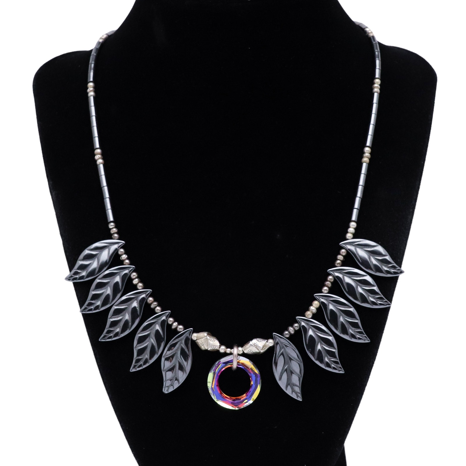 Vintage Sterling Silver 925 Hematite Iridescent Glass Bib Toggle Necklace 19