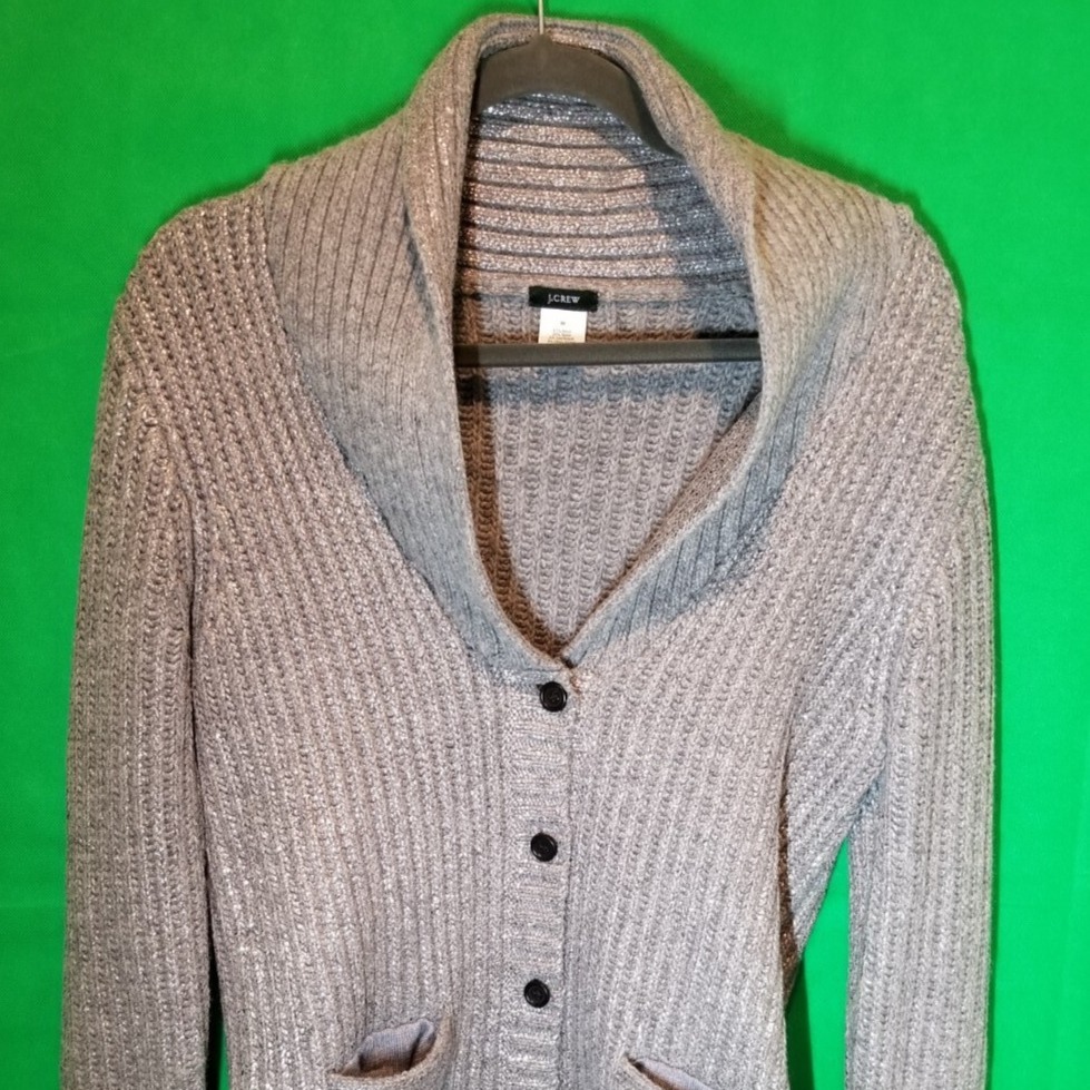 J Crew Cardigan Sweater Women’s Medium Shawl Collar Wool Blend Gray and Silver
