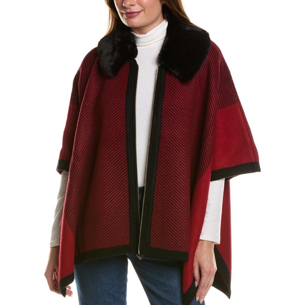 Anne Klein Faux Fur Collar Zip Poncho In Red