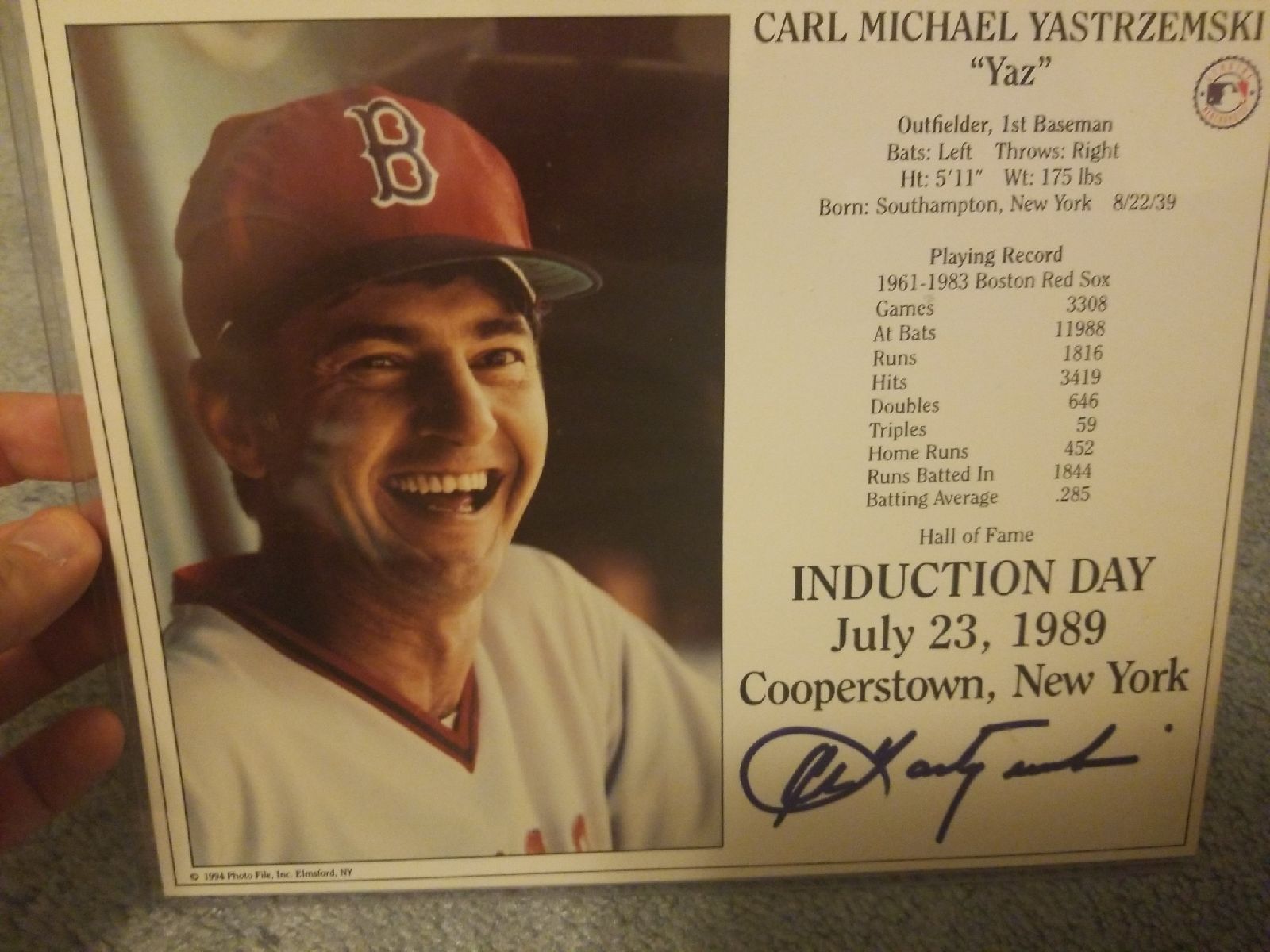 Carl Yastrzemski autographed HOF inducti