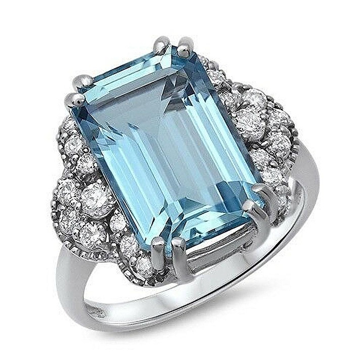 7.20Ct Natural Emerald Cut Aquamarine & Diamond Halo Solitaire Ring 14k White
