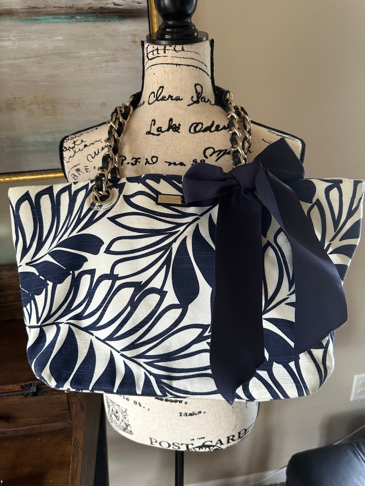 Kate Spade Navy & Cream White Palm Leaf Tote Bag