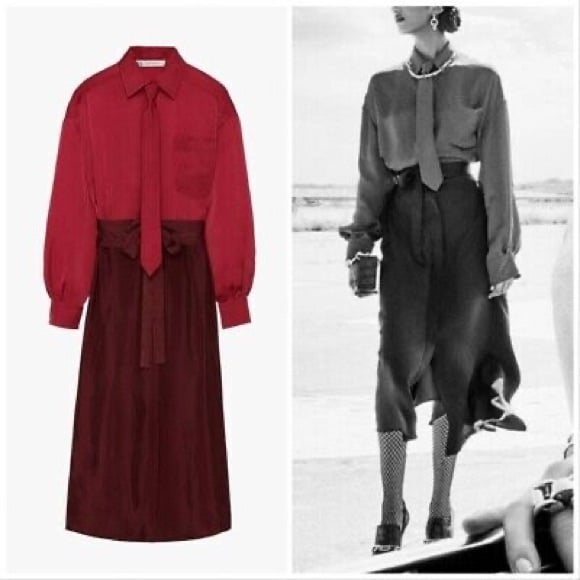 NWOT ZARA Limited Edition Red Burgundy Contrast Midi Tie Dress X Small XS 0 2