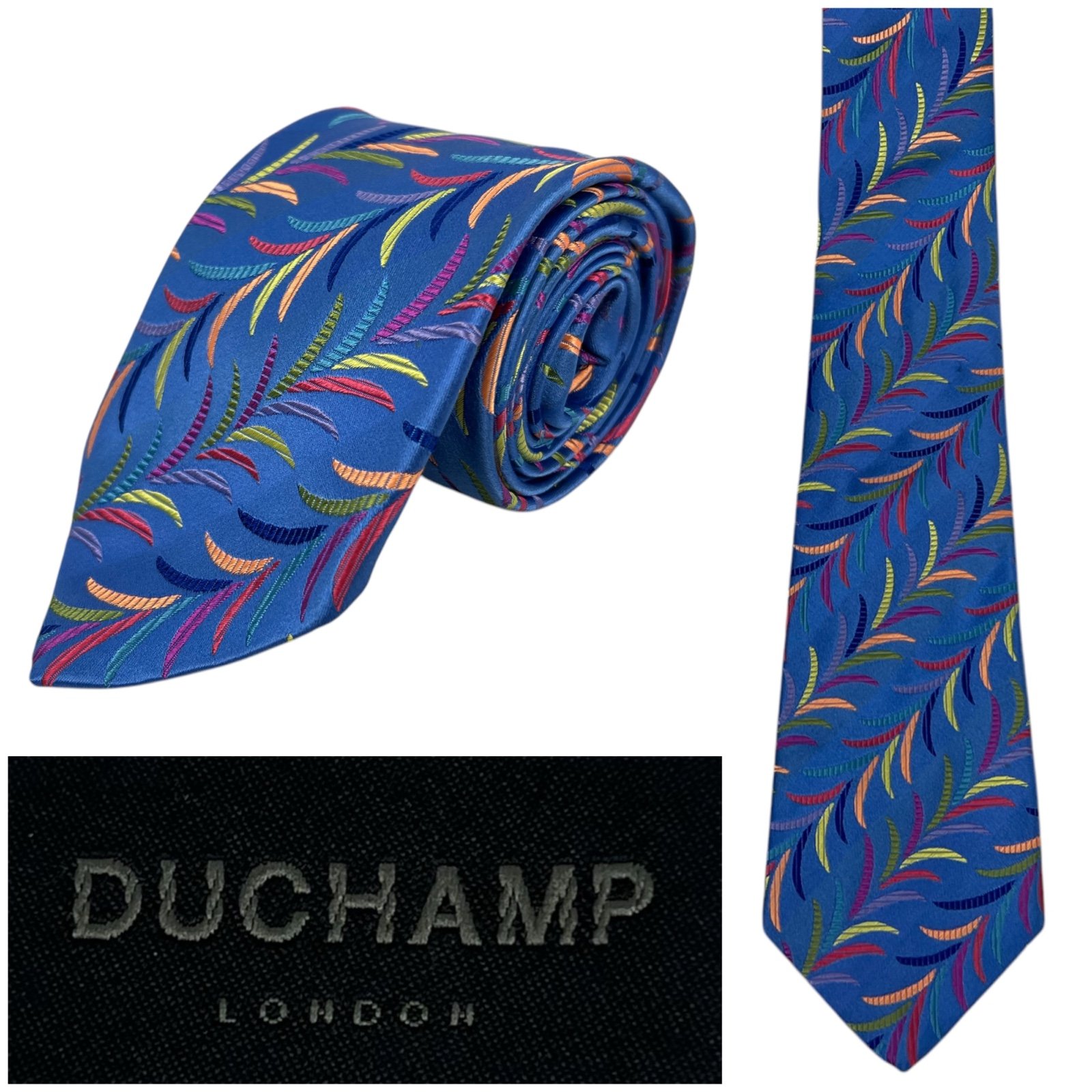 Duchamp Necktie Tie Mens All Silk Floral Blue Made in England 58” Hand Made