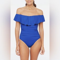 La Blanca Blue Island Ruffle Off-Shoulder Royal Blue Ruched One Piece Size L