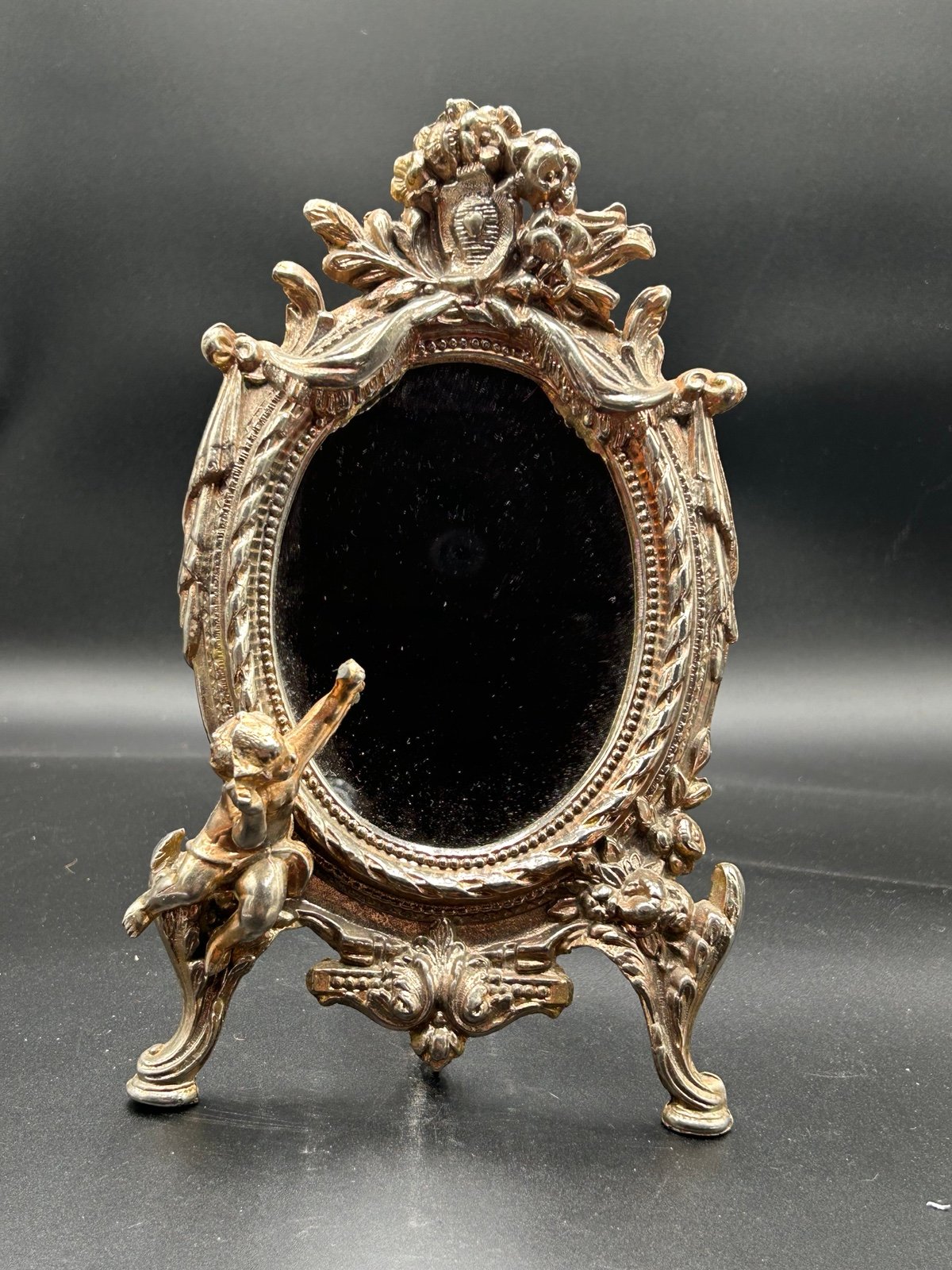 Vintage cast metal Victorian dressing mirror cherub Cupid