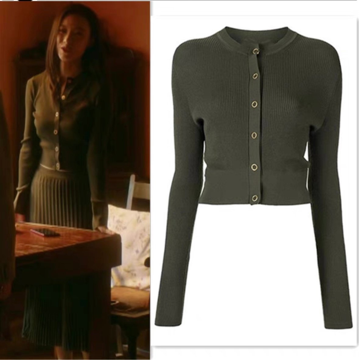Women green elegant cardigan suit dress/ tops and midi skirt sets