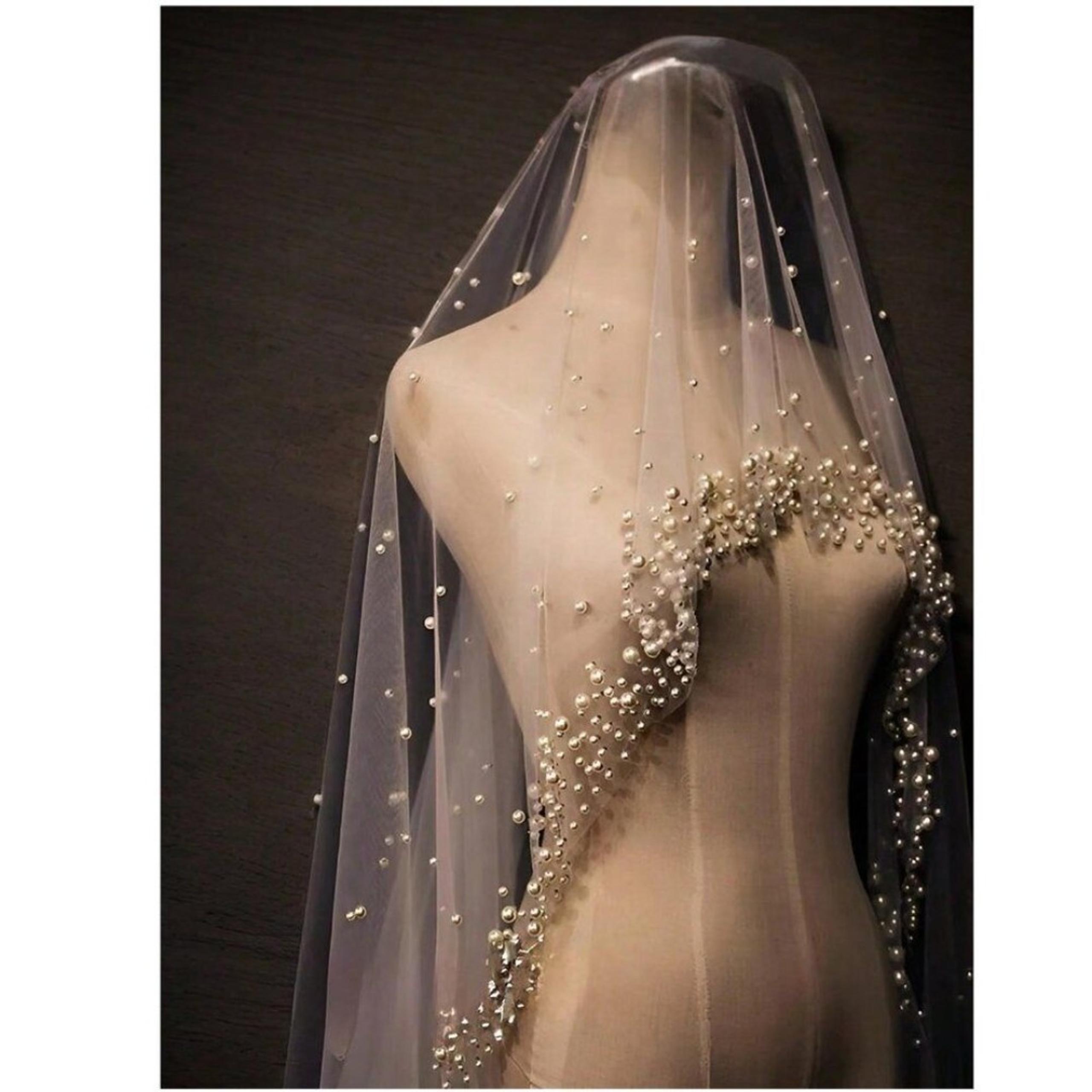 Luxury Pearl Beaded Long Wedding Veil Cathedral