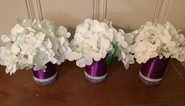 Set of 3 white hydrangeas with ribbon and rhinestones